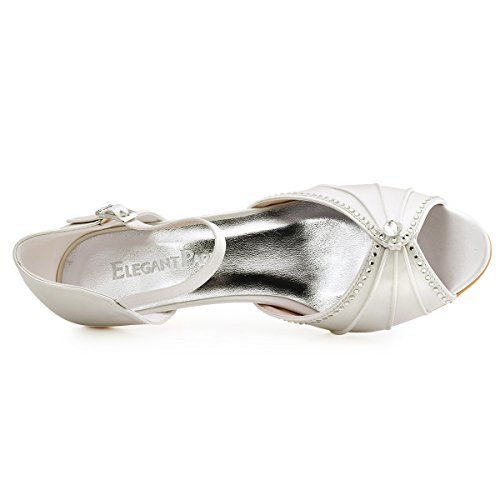 Elegantpark HP1623 Sandalias de Boda Tacon Bajo Peep Toes Zapatos Boda Fiesta Mujer Abrochan Los Satén Zapatos para Novia Marfil EU 38