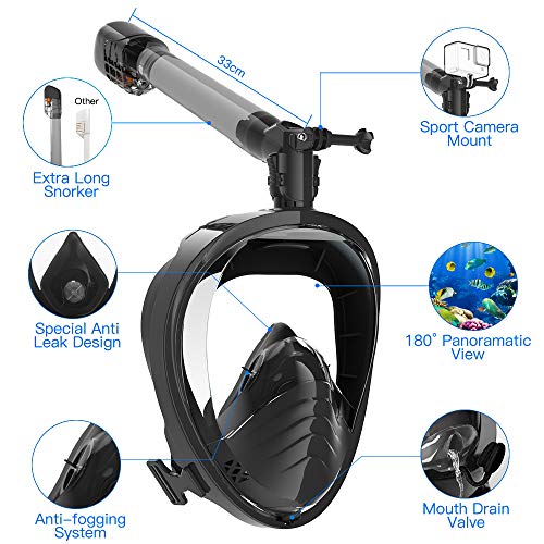 Elegear Máscara de Buceo del HD[2020 Nuevo], 180°Vista Máscara de Snorkel Anti-Niebla y Anti-Fugas con diseño panorámico de Cara Completa y Silicona FDA para Adultos y Niños（Negro,L/XL）