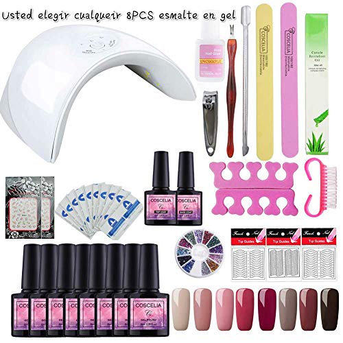 Elegir 8PCS Esmaltes Saint-Acior 36W UV/LED Lámpara Secador de Uñas Kit Uñas de Gel 8 Colores Pintauñas Esmalte Primer Uñas Base Coat Kit de Manicura