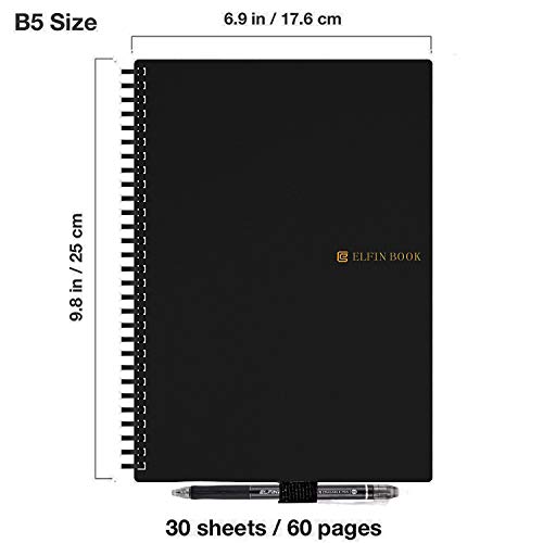 Elfinbook Cuaderno Inteligente Reutilizable, Everlast Smart Notebook, Bolígrafo Borrable Incluido (Negro B5)