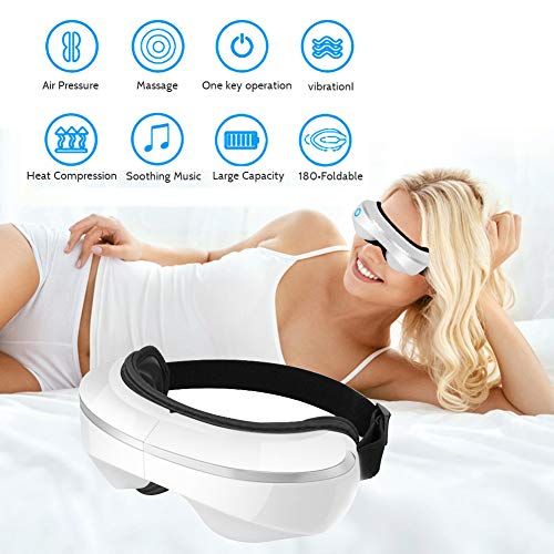 Elgary Masajeador de ojos eléctrico, plegable recargable máscara de terapia de ojos con presión de aire, vibración, música, compresión de calor para bolsa de ojos, ojeras y relajación de ojos