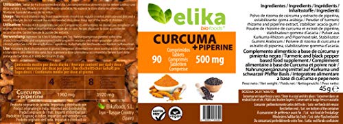 Elikafoods Curcuma con Pimienta Negra (Piperine) 90 Comprimidos de 500 mg, 45 gr