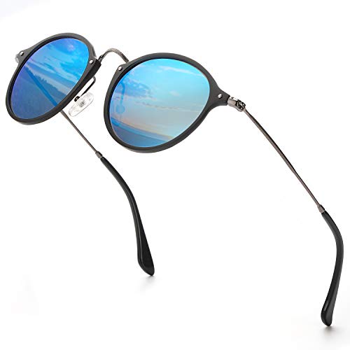 ELIVWR Redondas Retro Polarizadas Gafas de Sol Con Gafas de Sol Para Conducir Viajes Playa, 100% de Protección Contra Los Rayos UVA/UVB Dañi … (marco gris/lente azul)