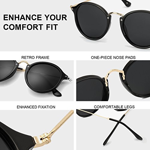 ELIVWR Redondas Retro Polarizadas Gafas de Sol Con Gafas de Sol Para Conducir Viajes Playa, 100% de Protección Contra Los Rayos UVA/UVB Dañi (negro+negro)