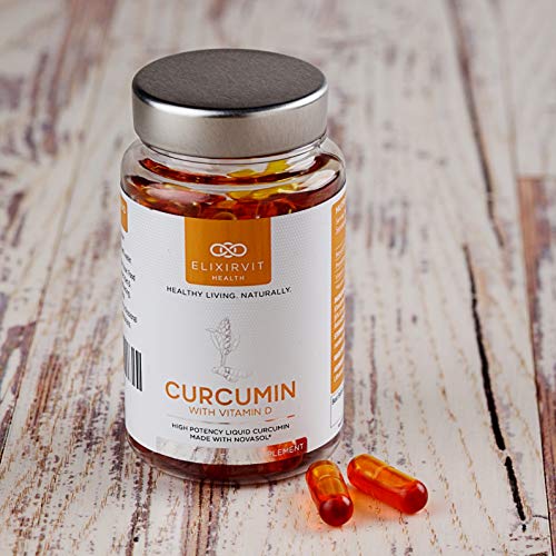 Elixirvit Curcumina líquida con vitamina D, 185 veces más biodisponible que la cúrcuma/curcumina típica – Absorción inmediata – Potente curcumina NovaSOL, 60 cápsulas