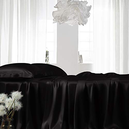 ElleSilk 100% Seda Sábana Ajustable, Bajeras Ajustables de Seda, 22 Momme, Seda de Morera de Grado Superior, Tinte Natural, Naturalmente Transpirable, 180 x 200 + 35 cm, Negro