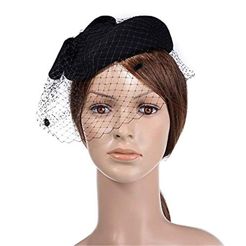 Elodiey Gorros Sombrero Con Velo Vintage Con Arco Boda Mujeres Dos Peines Pequeños Años 20 Gorras (Color : Negro, Size : One Size)