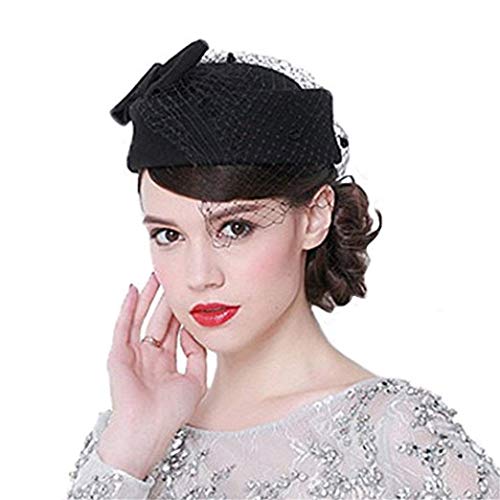Elodiey Gorros Sombrero Con Velo Vintage Con Arco Boda Mujeres Dos Peines Pequeños Años 20 Gorras (Color : Negro, Size : One Size)