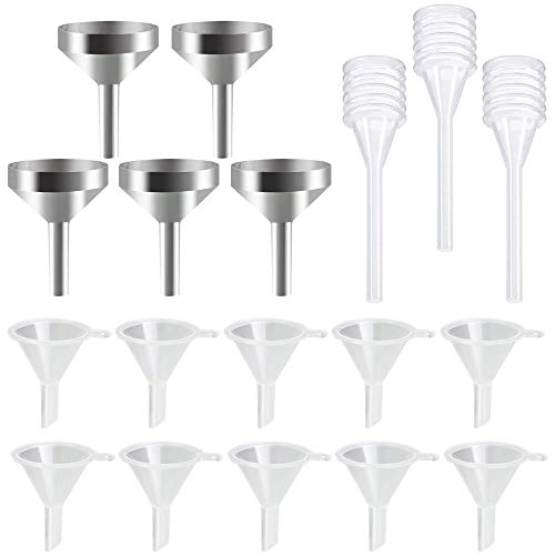 EMAGEREN 10pcs Mini Embudos de Plástico, Embudos Pequeños, 5pcs Mini Embudos de Metal, 3pcs Mini Pipetas, Ideal para Rellenar Perfume a Botellas o Recipientes Pequeños, Juego de Embudos(Total 18)