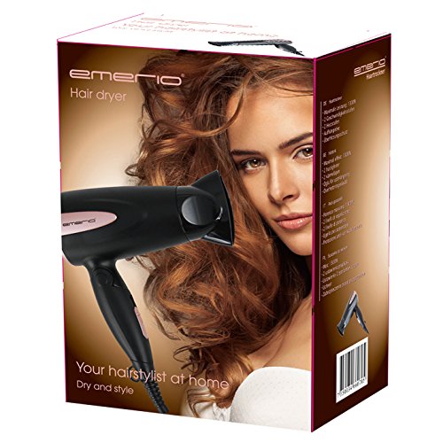 Emerio Hair Care Family HD-112870.1 - Secador de pelo plegable con 2 niveles de calor, 2 velocidades, boquilla para peinado, 1300 W, color negro y oro rosa