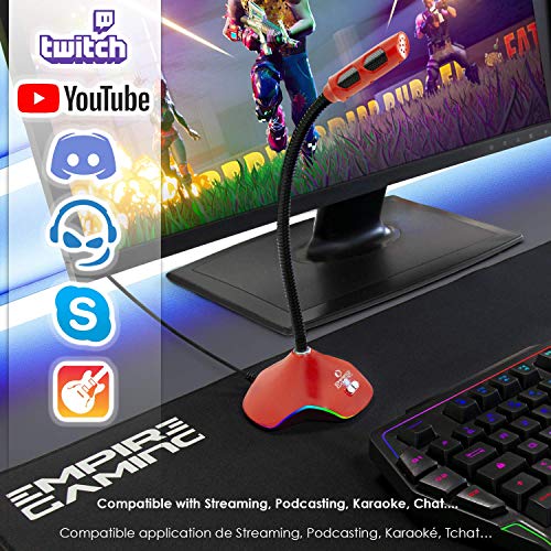 EMPIRE GAMING - Micrófono Gamer PC, Mac, Consolas – Micro Ideal Podcast Youtube, Streaming Twitch, Charlas, Canciones - Retroiluminación LED RGB 15 Modos – Cable USB - Negro Rojo