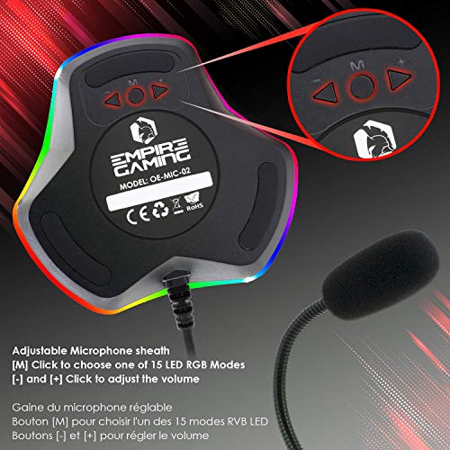 EMPIRE GAMING - Micrófono Gamer PC, Mac, Consolas – Micro Ideal Podcast Youtube, Streaming Twitch, Charlas, Canciones - Retroiluminación LED RGB 15 Modos – Cable USB - Negro Rojo