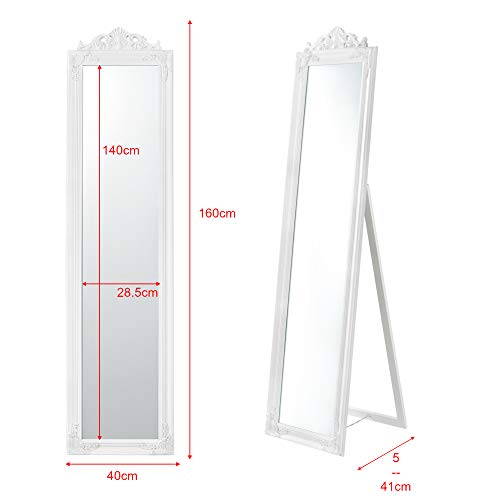 [en.casa] Espejo de pie 160x40 cm Espejo de Suelo Marco de Estilo Barroco Inclinable Ajustable Decoración Salón Dormitorio Blanco