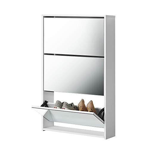 [en.casa] Zapatero con Espejo 102,5 x 63 x 17 cm Mueble Zapatero Organizador de Zapatos Blanco