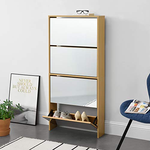 [en.casa] Zapatero con Espejo 134 x 63 x 17cm con 4 Compartimentos de Almacenamiento Mueble Zapatero Organizador de Zapatos Color Roble