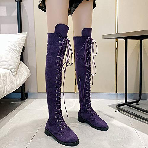 Encima Rodilla Botas para Mujer Atractivo Boots Zapatos con Cordones De Moda con Forro Transpirable Y Cremallera Lateral, para Otoño E Invierno,Púrpura,42