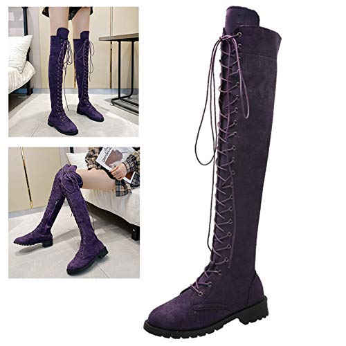Encima Rodilla Botas para Mujer Atractivo Boots Zapatos con Cordones De Moda con Forro Transpirable Y Cremallera Lateral, para Otoño E Invierno,Púrpura,42