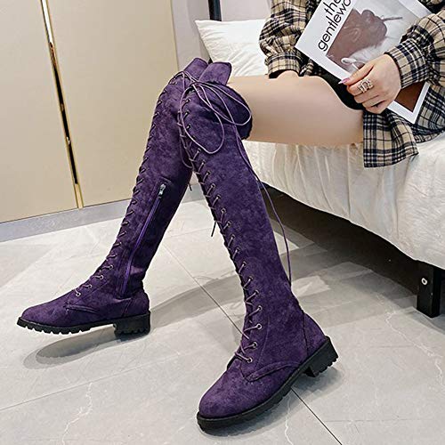 Encima Rodilla Botas para Mujer Atractivo Boots Zapatos con Cordones De Moda con Forro Transpirable Y Cremallera Lateral, para Otoño E Invierno,Púrpura,42