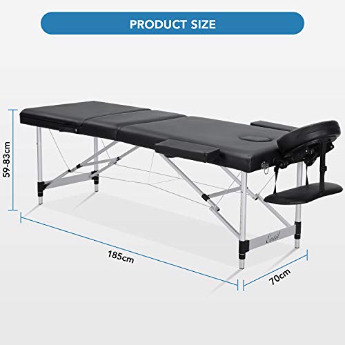 Entil - Mesa de masaje para spa (3 secciones, patas de aluminio, plegable, portátil, con orificio para la cara, bolsa de transporte, respaldo ajustable en altura