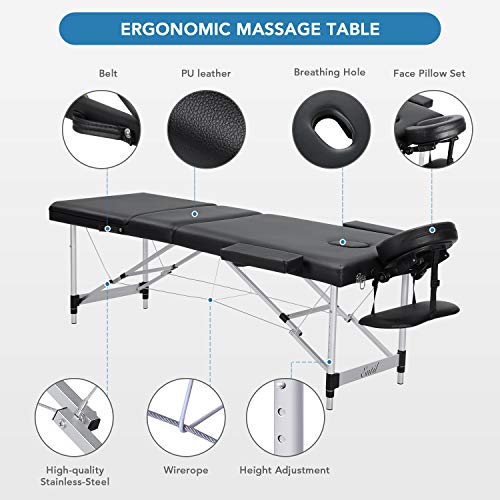 Entil - Mesa de masaje para spa (3 secciones, patas de aluminio, plegable, portátil, con orificio para la cara, bolsa de transporte, respaldo ajustable en altura
