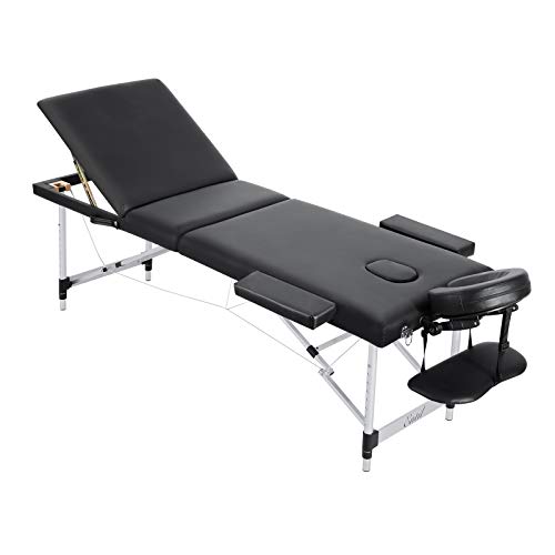 Entil - Mesa de masaje para spa (3 secciones, patas de aluminio, plegable, portátil, con orificio para la cara, bolsa de transporte, respaldo ajustable en altura
