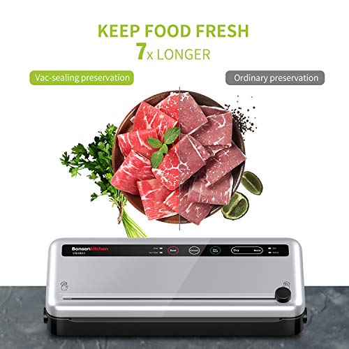 Envasadora al Vacío 4 en 1 Bonsenkitchen para Uso Doméstico y Comercial, 140W, Máquina Selladora al Vacio Alimentos Secos y Húmedos, Incluyendo Rollo de Vacio 28 x 300 cm y Bolsas 10, Plata, VS3801