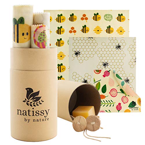 Envoltorio Cera de Abeja para Alimentos, Set de 6 Beeswax Wrap Natural de Tela, Papel Bocadillo Reutilizable, Cubiertas Lavables para Cuenco Ecológicas, Zero Waste Alternativa, para Queso, Fruta y Pan