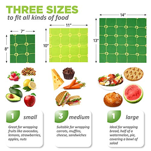 Envoltorios de Cera de Abeja para Alimentos - Set de 5 Envoltorios Reutilizables, Ecológicos, Seguros y Naturales: 1 Pequeño, 3 Medianos y 1 Grande - Envuelve Comida, Reduce Desechos y Ahorra Dinero