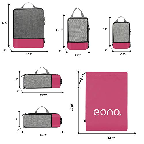 Eono by Amazon - Organizadores de Viaje de compresión expandibles, Impermeable Organizador para Maletas, Organizador de Equipaje, Cubos de Embalaje, Compression Packing Cubes, Fucsia, 6 Set