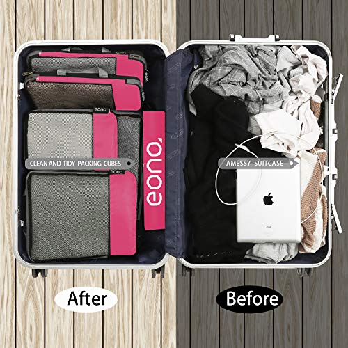 Eono by Amazon - Organizadores de Viaje de compresión expandibles, Impermeable Organizador para Maletas, Organizador de Equipaje, Cubos de Embalaje, Compression Packing Cubes, Fucsia, 6 Set