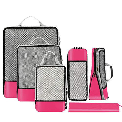 Eono by Amazon - Organizadores de Viaje de compresión expandibles, Impermeable Organizador para Maletas, Organizador de Equipaje, Cubos de Embalaje, Compression Packing Cubes, Fucsia, 6 Set