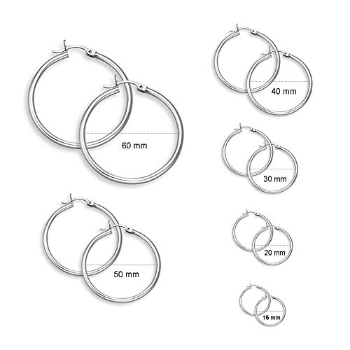 Epoch World 6 Pares de Acero Inoxidable Pendientes Aro Mujer Redondo Pendientes Plata Set 6 Tamaños 15mm-60mm