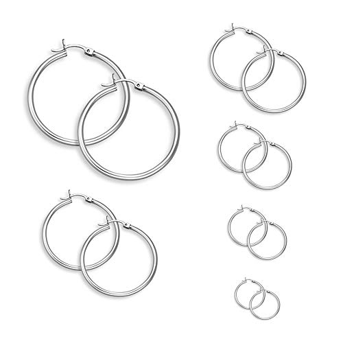 Epoch World 6 Pares de Acero Inoxidable Pendientes Aro Mujer Redondo Pendientes Plata Set 6 Tamaños 15mm-60mm