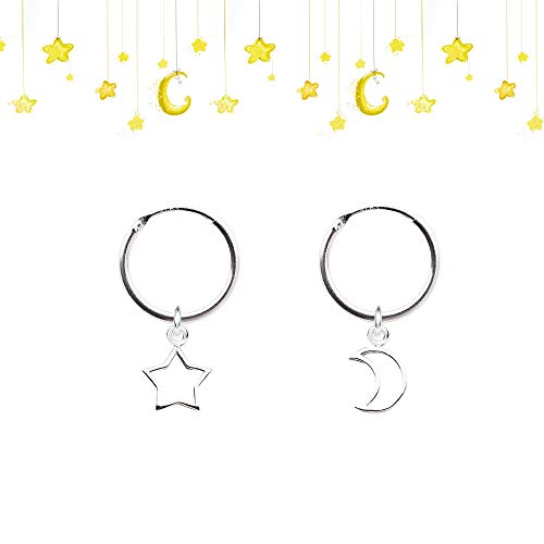 Epoch World Pendientes de Plata de Ley 925 Pendientes Aro con Colgante de Luna y Estrella Redondos Pendientes de aro Diámetro 16 mm Pequeños Pendientes para Mujer Niña