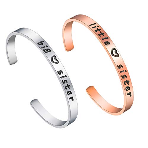 EQLEF Juego de Pulsera de Hermana Grande y Pulsera de Hermana pequeña, Brazalete Ajustable de Acero Inoxidable con Brazalete de Regalo para Amigos y Hermanas (2 Piezas de Plata y Oro Rosa)