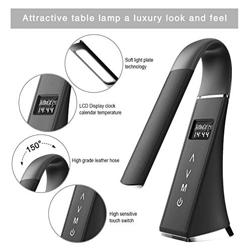 ERAY Lámpara LED Escritorio Regulable, Lámpara de Mesa Protección de ojos para Lectura, LCD Pantalla/Reloj/Despertador/Temperatura/Calendario/ 3 Modos de Colores/ 5 Niveles de Brillo (Negro)