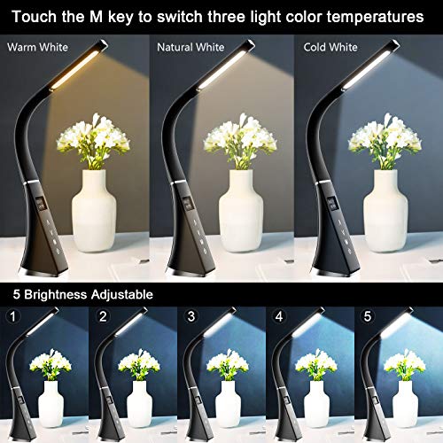 ERAY Lámpara LED Escritorio Regulable, Lámpara de Mesa Protección de ojos para Lectura, LCD Pantalla/Reloj/Despertador/Temperatura/Calendario/ 3 Modos de Colores/ 5 Niveles de Brillo (Negro)