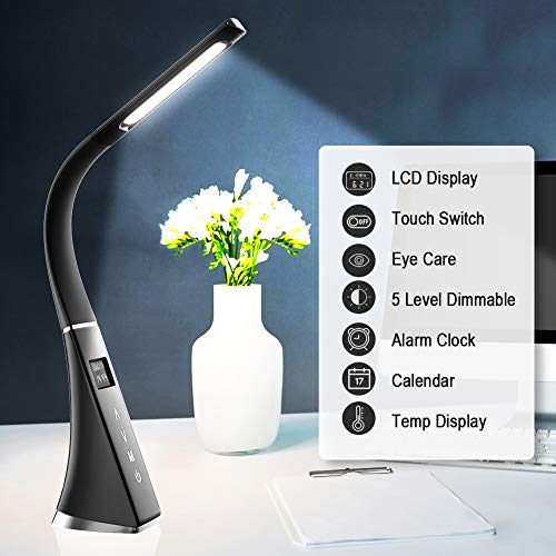 ERAY Lámpara LED Escritorio Regulable, Lámpara de Mesa Protección de ojos para Lectura, LCD Pantalla/Reloj/Despertador/Temperatura/Calendario/ 3 Modos de Colores/ 5 Niveles de Brillo (Negro)