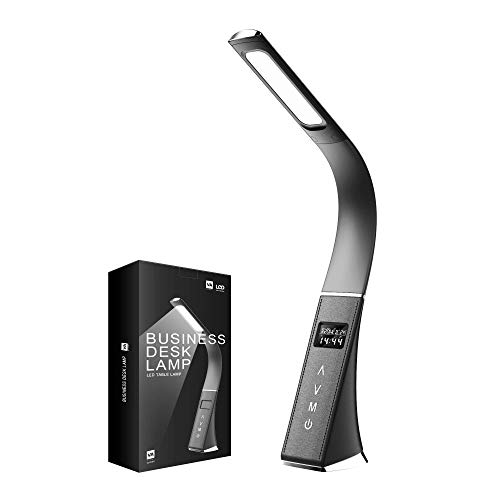 ERAY Lámpara LED Escritorio Regulable, Lámpara de Mesa Protección de ojos para Lectura, LCD Pantalla/Reloj/Despertador/Temperatura/Calendario/ 3 Modos de Colores/ 5 Niveles de Brillo (Negro)