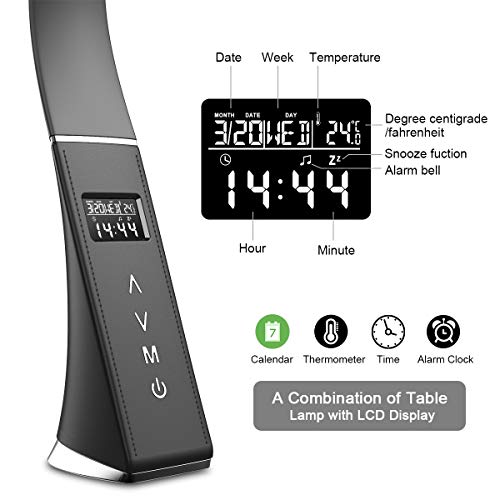 ERAY Lámpara LED Escritorio Regulable, Lámpara de Mesa Protección de ojos para Lectura, LCD Pantalla/Reloj/Despertador/Temperatura/Calendario/ 3 Modos de Colores/ 5 Niveles de Brillo (Negro)