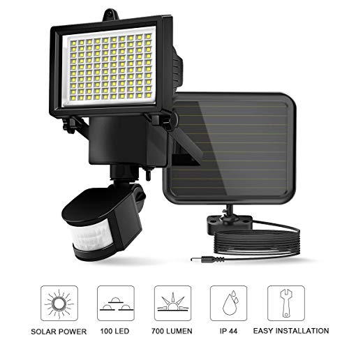 ERAY Luz Solar Exterior, Lámpara Solar 100 Leds con Sensor de Movimiento, Panel Solar Separado/ 700 Lúmenes/ IP44 Impermeable/ 2200mAh Batería Recargable, Luz de Seguridad para Jardín, Patio, Camino