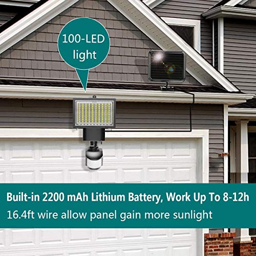 ERAY Luz Solar Exterior, Lámpara Solar 100 Leds con Sensor de Movimiento, Panel Solar Separado/ 700 Lúmenes/ IP44 Impermeable/ 2200mAh Batería Recargable, Luz de Seguridad para Jardín, Patio, Camino