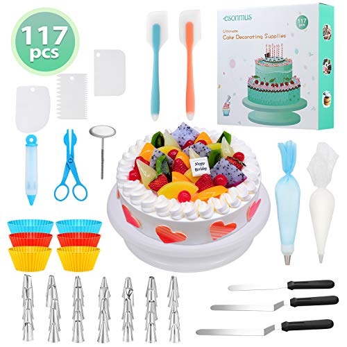 esonmus 117 Piezas Decoración de Pasteles, Torta Giratoria con 60 Boquillas para Manga Pastelera Profesional, Herramienta de Pastelería, Espátula de Silicona para Tartas y Pasteles