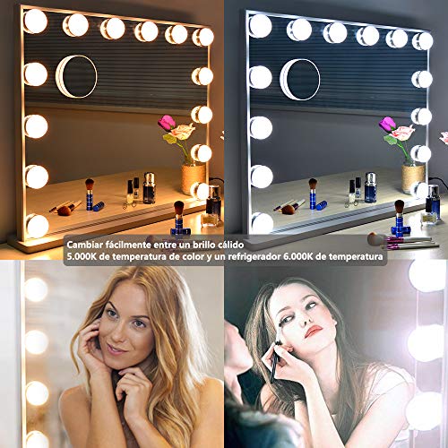 Espejo de cortesía iluminado con 14 bombillas LED Luces reemplazables, Espejos de maquillaje de estilo hollywoodense con diseño de control táctil, Tableros o Espejos de vanidad montados en la pared