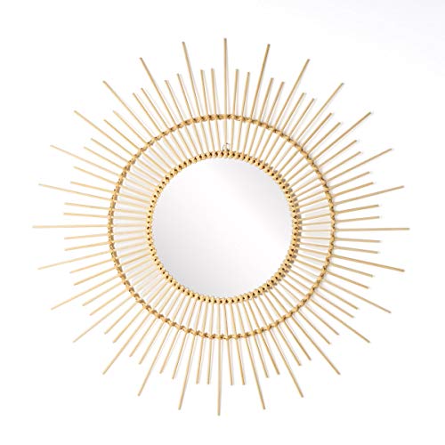 Espejo de pared decorativo redondo Hula, ratán natural, estilo étnico & boho chic, nórdico, bonito y moderno, ligero, para pasillo baño o entrada, ratan, color natural, 86x86x2 cm.