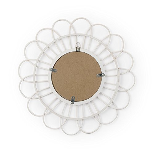 Espejo de pared decorativo redondo Kahala, ratán natural, estilo étnico & boho chic, nórdico, bonito y moderno, ligero, para pasillo baño o entrada, ratán, color blanco, 35x35x3 cm.