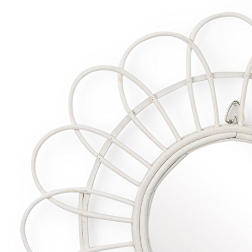 Espejo de pared decorativo redondo Kahala, ratán natural, estilo étnico & boho chic, nórdico, bonito y moderno, ligero, para pasillo baño o entrada, ratán, color blanco, 35x35x3 cm.