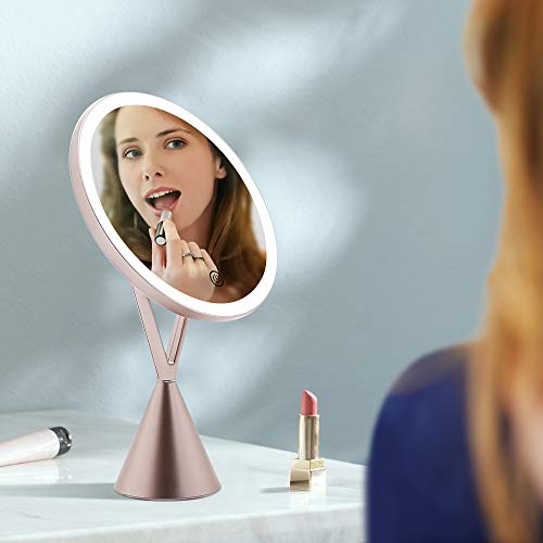 Espejo Maquillaje con Luz 30 Led Iluminacíon Espejo de Mesa Mujeres Regalos Aumentos 1X/ 5X, Brillo Regulable Espejo Cosmético Pantalla Táctil Rotación de 45° Carga con USB o Batería (Oro rosa)