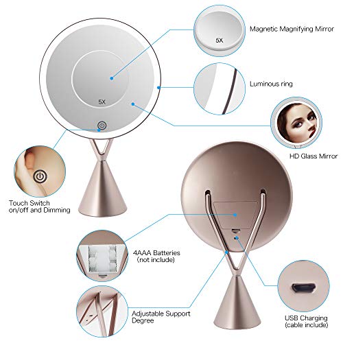 Espejo Maquillaje con Luz 30 Led Iluminacíon Espejo de Mesa Mujeres Regalos Aumentos 1X/ 5X, Brillo Regulable Espejo Cosmético Pantalla Táctil Rotación de 45° Carga con USB o Batería (Oro rosa)