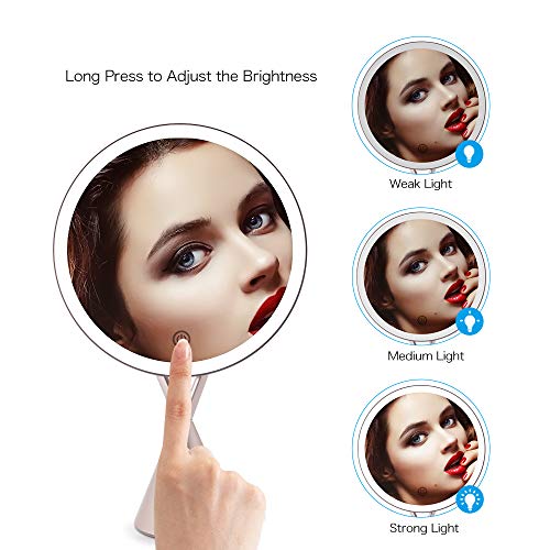 Espejo Maquillaje con Luz 30 Led Iluminacíon Espejo de Mesa Mujeres Regalos Aumentos 1X/ 5X, Brillo Regulable Espejo Cosmético Pantalla Táctil Rotación de 45° Carga con USB o Batería (Oro rosa)